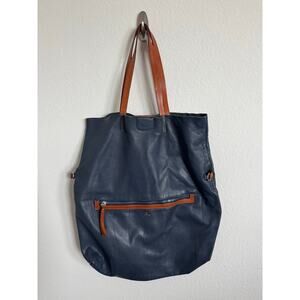 Vintage Nardelli Navy Blue Fold Over Large Tote Bag Purse Brown Shoulder Straps